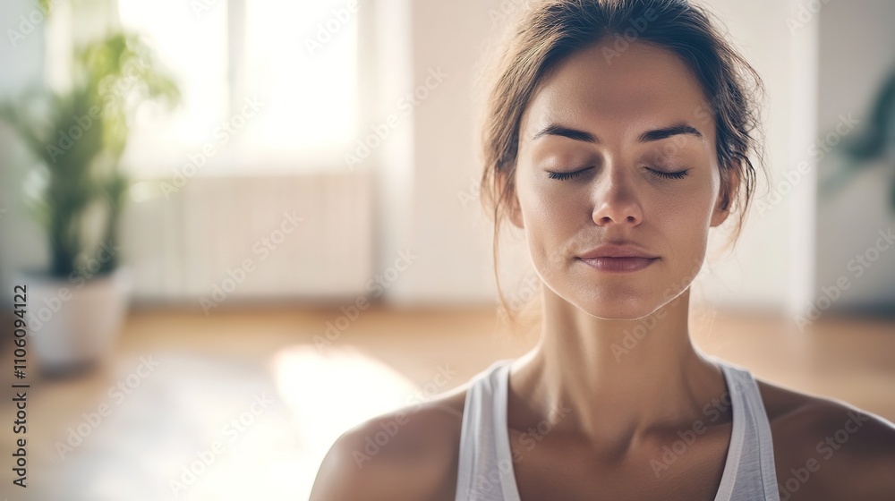 Woman meditating peacefully in sunlit room. Woman meditating peacefully in sunlit room.