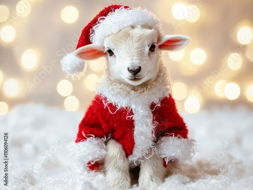 Cute Lamb Dressed in Santa Costume with Festive Background photo