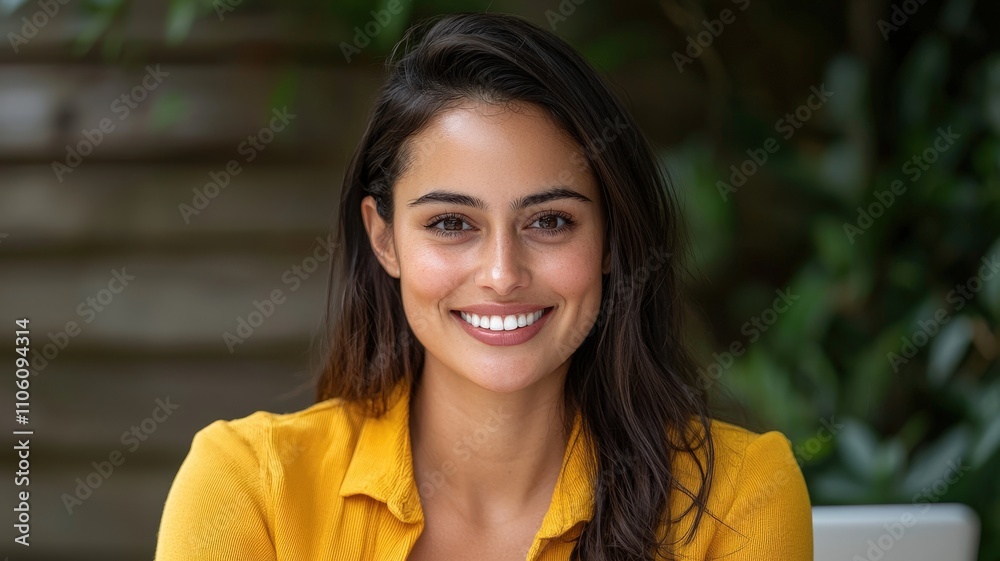 working in cafe with smile concept. Smiling woman wearing a yellow top in a natural setting. working in cafe with smile concept. Smiling woman wearing a yellow top in a natural setting.