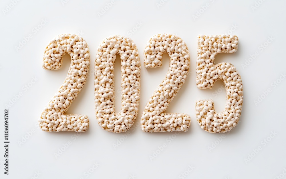 2025 Made of Rice Krispies Treats â?“ Numbers crafted with gooey Rice Krispies squares, shaped perfectly. Fun and nostalgic, white background. 2025 Made of Rice Krispies Treats â?“ Numbers crafted with gooey Rice Krispies squares, shaped perfectly. Fun and nostalgic, white background.