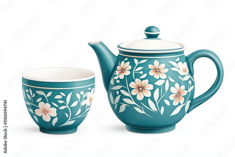 Elegant tea set featuring a teapot and a cup with floral design, isolated on a white background. Elegant tea set featuring a teapot and a cup with floral design, isolated on a white background.