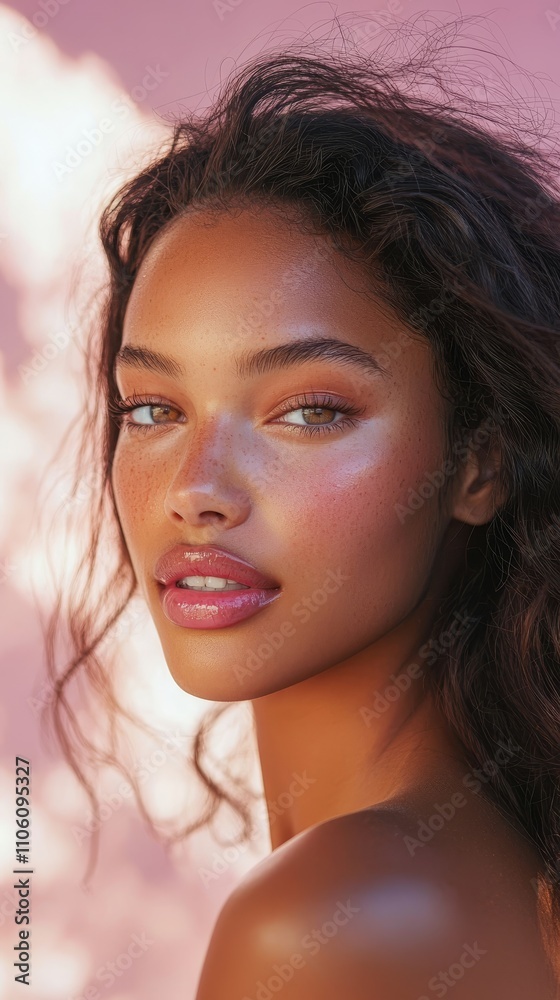 Obraz premium Flawless Radiant Skin of a Captivating Young Woman with Mesmerizing Gaze