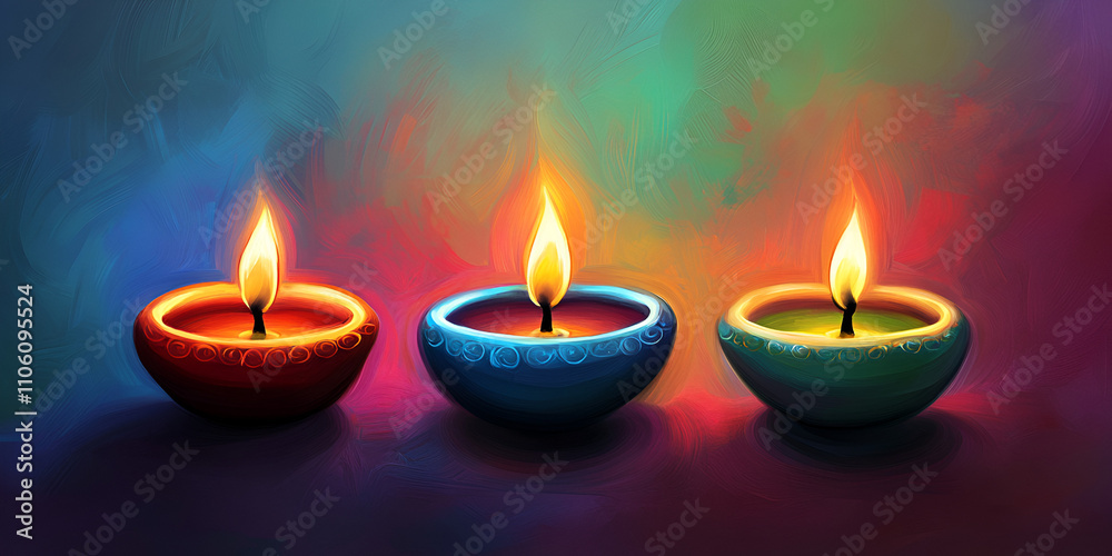 Illuminated Diya Lamps on Festive Background Illuminated Diya Lamps on Festive Background