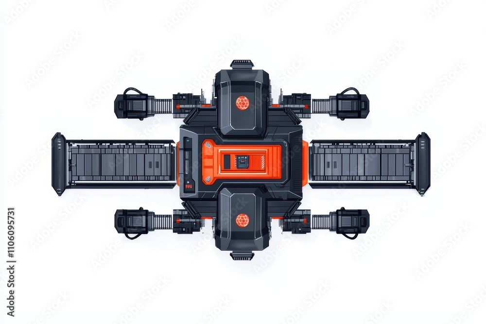 Fototapeta premium Futuristic drone with multiple rotors and an orange and black design on a white isolated background.