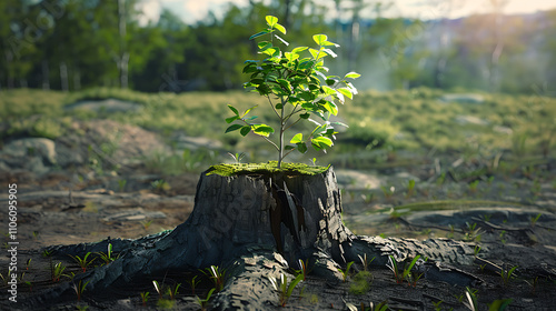 Young tree emerging from old tree stump. created with Generative AI technology photo