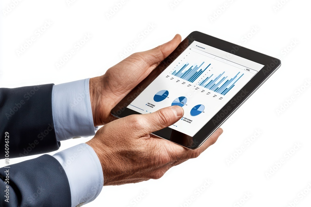 Hands holding tablet displaying financial charts and graphs on a white background. Hands holding tablet displaying financial charts and graphs on a white background.