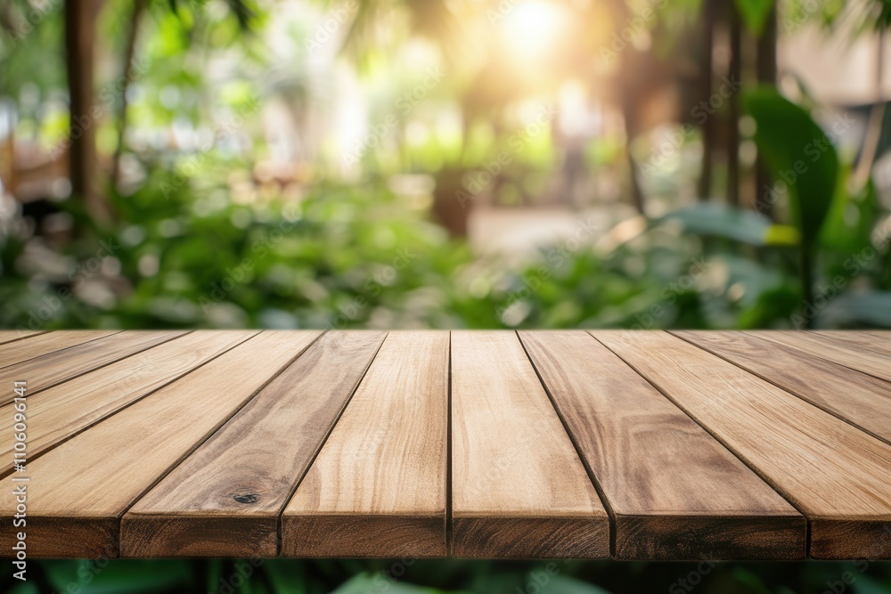 Wood table surface with a seascape and palm leaves, soft bokeh lights from a calm sea and sky at a tropical beach. Empty for your product display montage. Summer vacation background concept