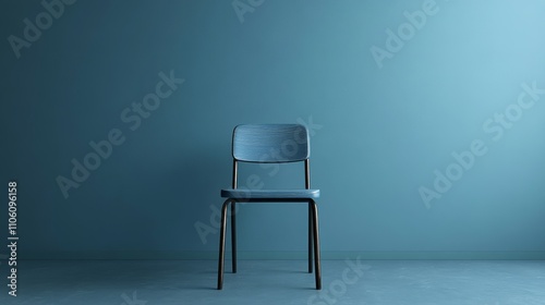 A blue chair is sitting in a room with a blue wall