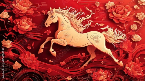  Papercut Year of the Horse design featuring galloping horse surrounded by wind-like swirls, peonies, and traditional Chinese symbols in vibrant red and shimmering gold.