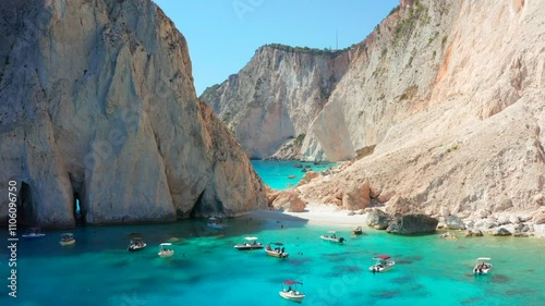 Take a boat tour to a dream beach in Greece. Greek island beautiful ocean sea water blue turquoise. White cliffs on Greek island of Zakynthos. Myzithres Akra Keri photo