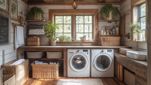 A beautifully designed rustic laundry room featuring wooden shelves, wicker baskets, and green plants, creating an inviting and functional space filled with natural light.