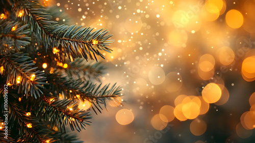 Pine Needles with Soft Focus and Warm Glow Bokeh Lights