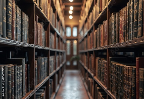 A narrow aisle stretches between towering shelves filled with ancient, leather-bound books, their spines adorned with gold lettering. The warm glow of overhead lights casts a cozy ambiance, inviting