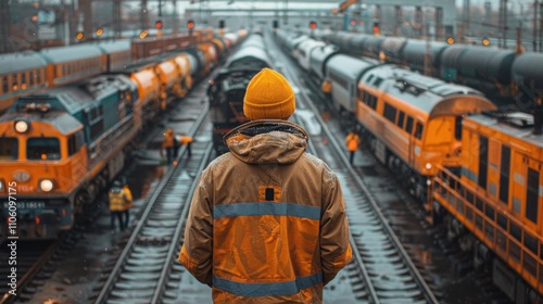 Train operator overseeing coupling in a railway yard