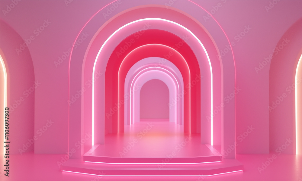 Pink arches with glowing light on the podium Pink arches with glowing light on the podium