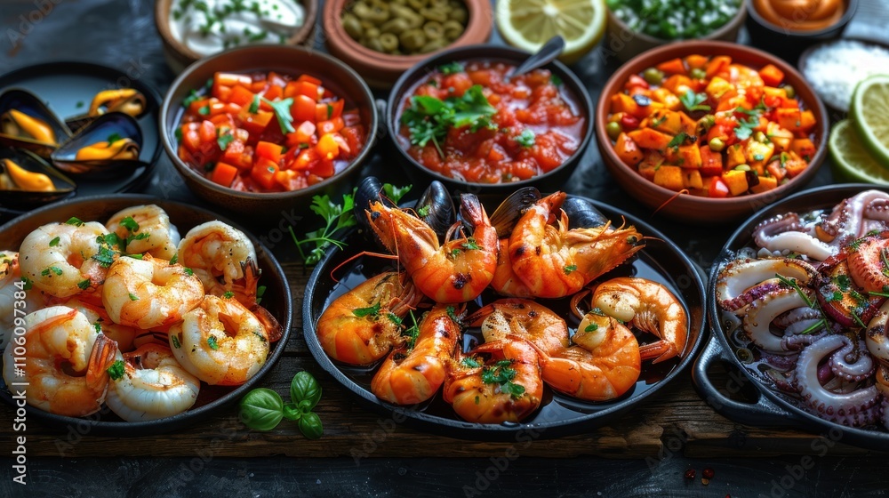 Traditional seafood tapas platter from Spain with a variety of seafood Traditional seafood tapas platter from Spain with a variety of seafood