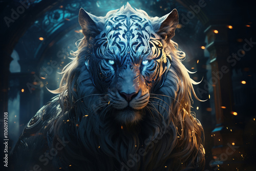 Majestic spiritual white tiger glowing blue lights. ,.    photo