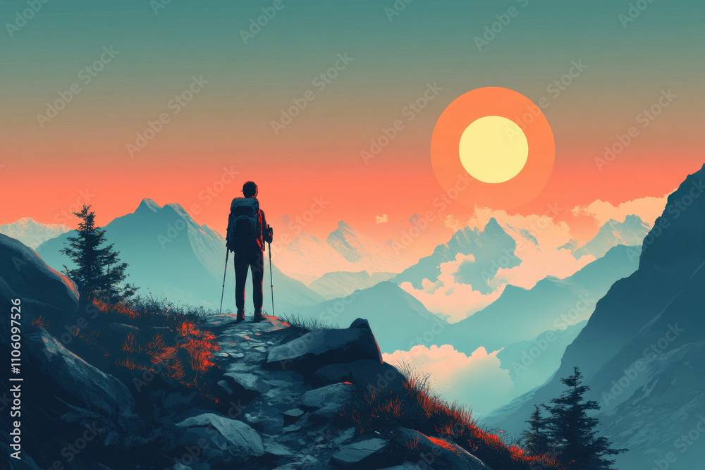 Solitude and Solitary. A serene hiker stands on a mountain path, silhouetted against a vibrant sunset, surrounded by majestic peaks and tranquil clouds.