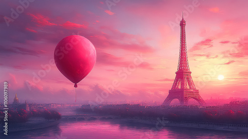 Hot air balloon rises over Paris skyline with Eiffel Tower at sunset. Generative AI