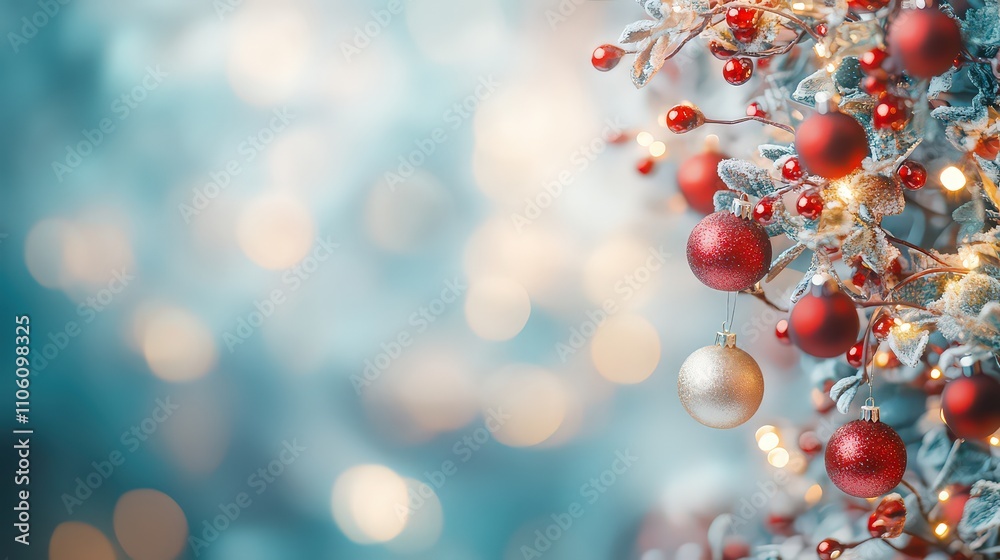 Frosted tree branches adorned with red ornaments and twinkling lights, evoking a magical and festive Christmas atmosphere. Frosted tree branches adorned with red ornaments and twinkling lights, evoking a magical and festive Christmas atmosphere.