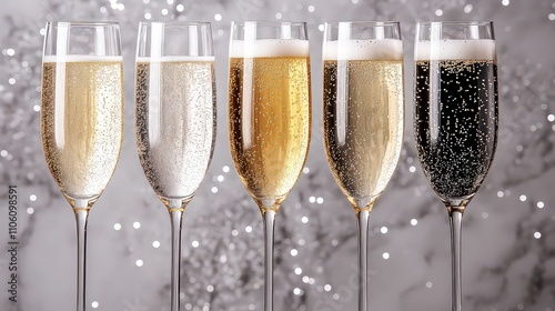  Array of champagne glasses filled with bubbly in shades of gold, silver, and black, sparkling against a festive background.