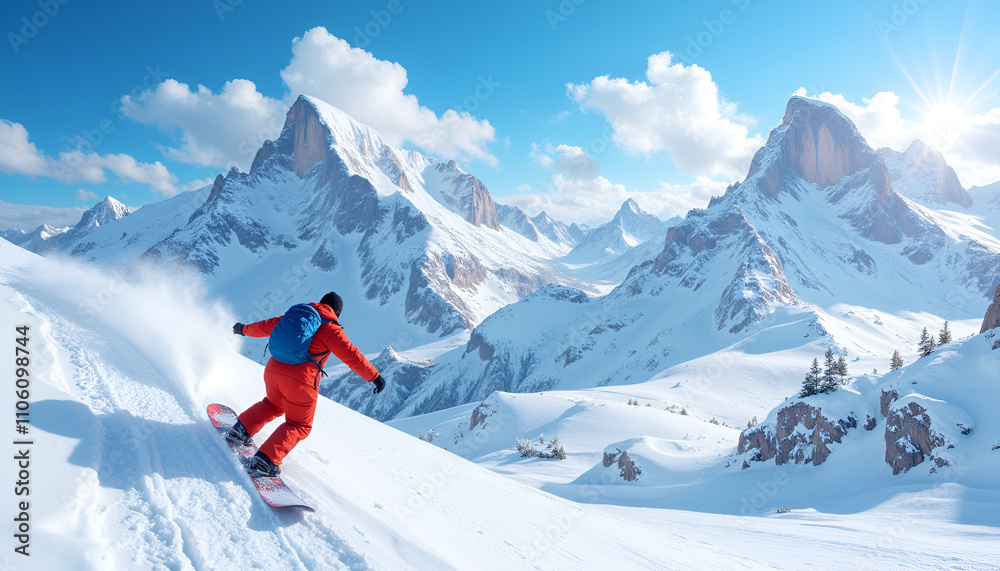 Snowboarder in red outfit carving down snowy mountain slope under bright blue sky Snowboarder in red outfit carving down snowy mountain slope under bright blue sky