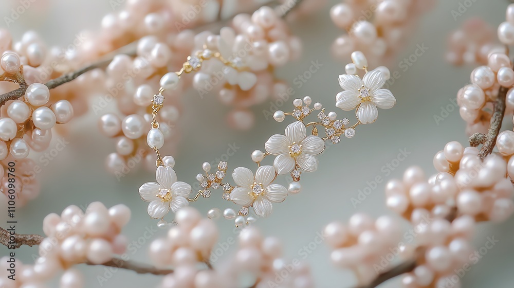 Delicate floral arrangement of soft pink blossoms and pearls. Delicate floral arrangement of soft pink blossoms and pearls.