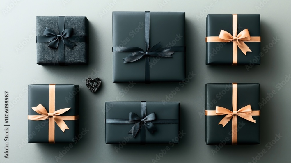 A collection of dark gift boxes with elegant ribbons, arranged on a light surface with a small black heart-shaped ornament, creating a sophisticated and stylish display.