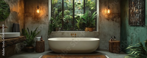 Luxurious bathroom with modern design featuring a spacious tub and wall of lush greenery creating a tranquil and nature-inspired ambiance.