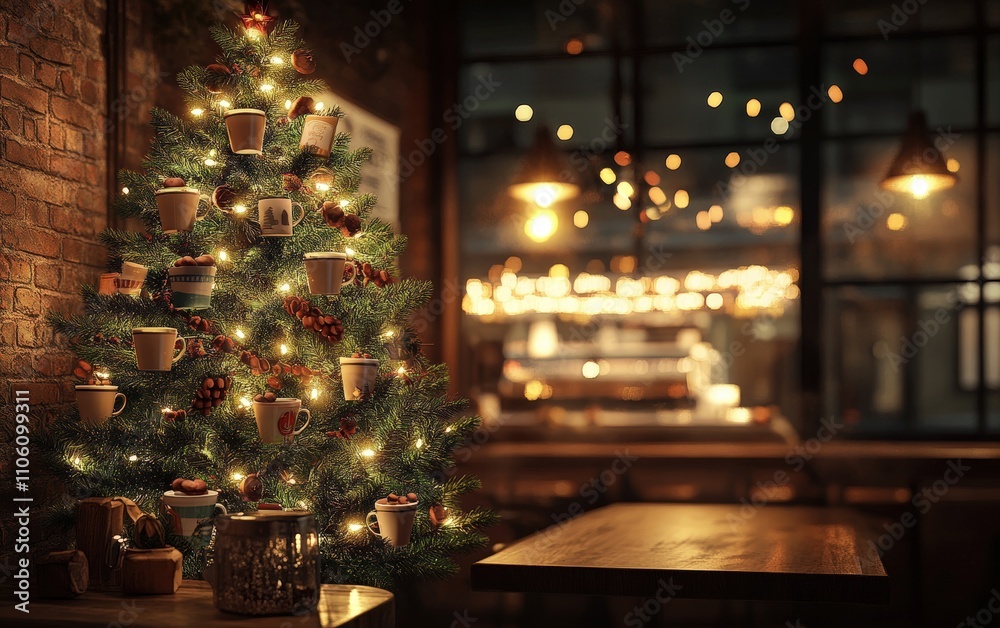 Coffee Shop Tree A cozy Christmas tree with coffee cup ornaments, bean garlands, and cinnamon stick decorations, glowing warmly in a trendy cafe Coffee Shop Tree A cozy Christmas tree with coffee cup ornaments, bean garlands, and cinnamon stick decorations, glowing warmly in a trendy cafe