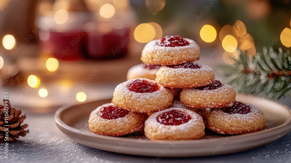 Plate of thumbprint cookies filled with raspberry jam, dusted with powdered sugar, surrounded by pinecones and festive lights. Plate of thumbprint cookies filled with raspberry jam, dusted with powdered sugar, surrounded by pinecones and festive lights.