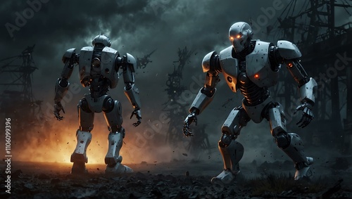Frightened man running from a scary robot, AI threat concept.