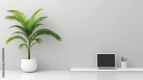 Minimalist workspace interior with plant and laptop. Empty screen laptop on a white shelf, beside a potted plant, against a light gray wall.