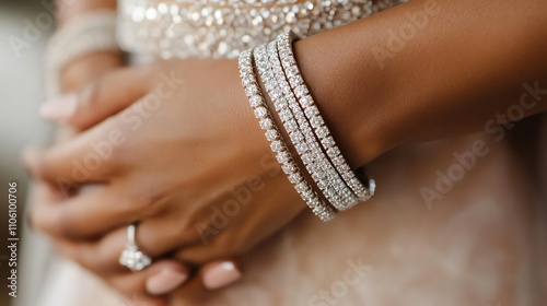 Close-up of elegant bracelets on a well-manicured hand.