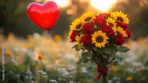 Fototapeta Naklejka Na Ścianę i Meble -   Bouquet of red roses and sunflowers tied together, paired with red heart-shaped balloon in sunny flower field at golden hour.