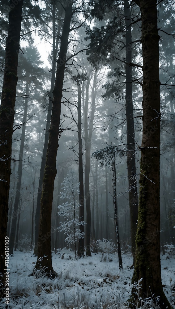 Fototapeta premium Frosty forest with towering trees and dense atmosphere.