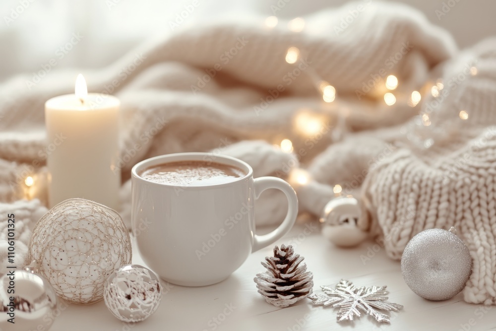 Cozy Coffee Setting. Soft Candles and Warm Knit Blanket for Comfort. Winter still life. White ceramic cup, candlelight. Hot beverage on window sill. Christmas home. Woolen knitted sweater, burn candle Cozy Coffee Setting. Soft Candles and Warm Knit Blanket for Comfort. Winter still life. White ceramic cup, candlelight. Hot beverage on window sill. Christmas home. Woolen knitted sweater, burn candle