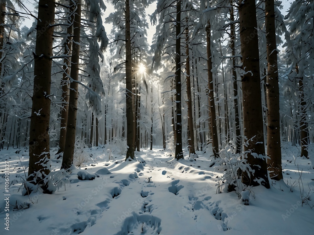Fototapeta premium Frosty winter forest with tall, snowy trees.