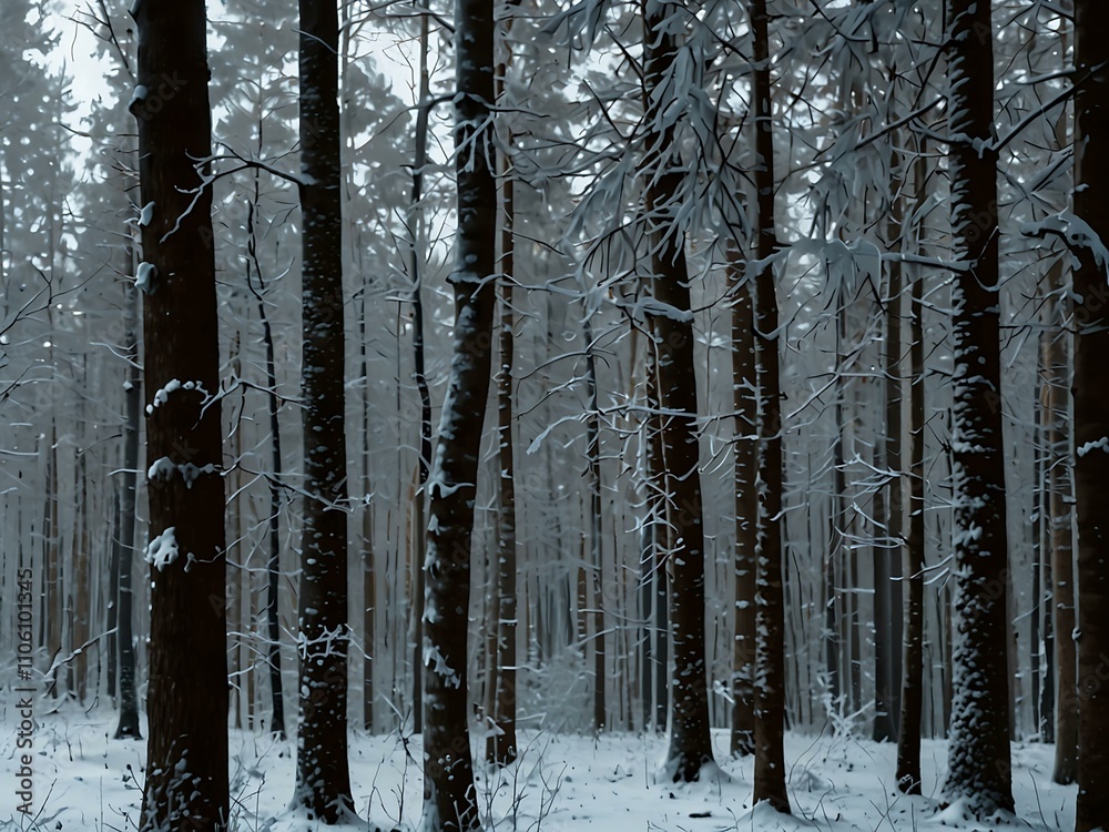 Fototapeta premium Frosty winter forest with tall, snowy trees.