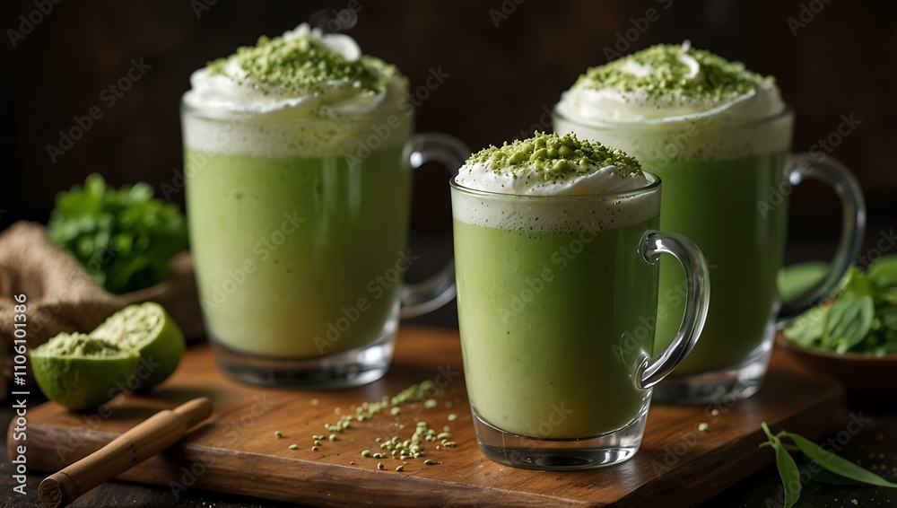 Frothy matcha latte beverage. Frothy matcha latte beverage.