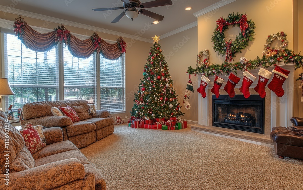 Family Lounge A cozy family living room with a soft carpet, colorful decorations on the Christmas tree, and a fireplace adorned with stockings Family Lounge A cozy family living room with a soft carpet, colorful decorations on the Christmas tree, and a fireplace adorned with stockings