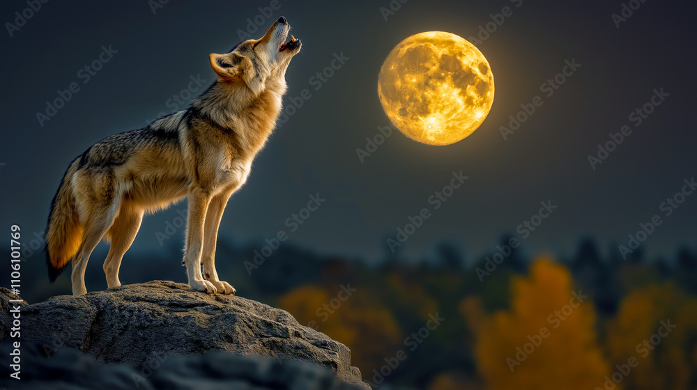 Fototapeta premium A beautiful scene of a wolf howling at a luminous full moon set against a backdrop of autumn colors Natures serenity captured in a moment of wilderness