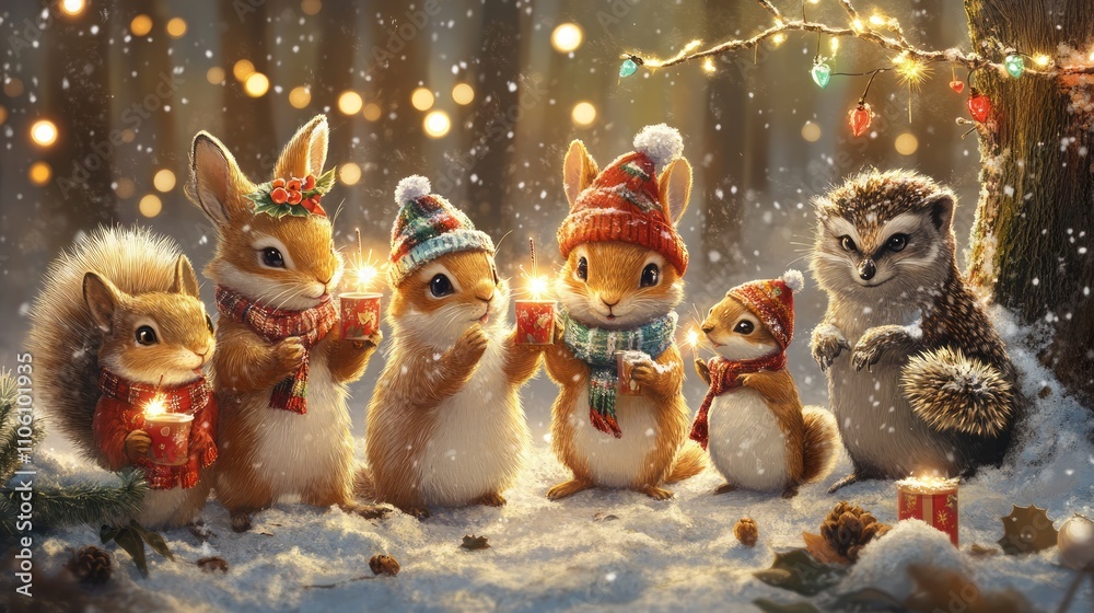 Obraz premium Cute woodland animals celebrate Christmas Eve with candles in snowy forest.