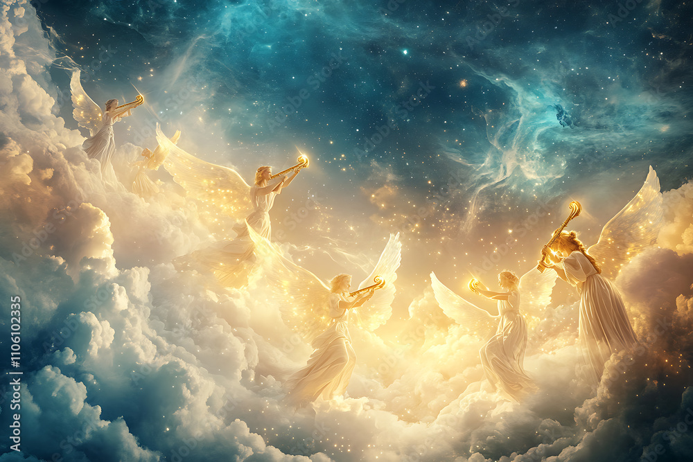 custom made wallpaper toronto digitalCelestial angels singing in the night sky, glowing with golden light. Perfect for religious content, Christmas decorations, and inspirational holiday designs