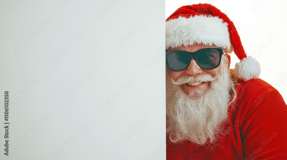 Naklejka premium Smiling Santa Claus in Sunglasses Peeking Around for Holiday