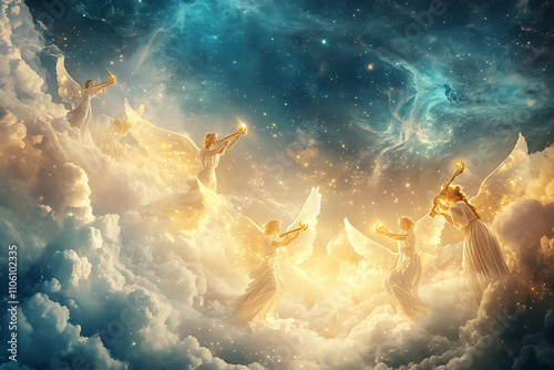 Wallpaper Mural Celestial angels singing in the night sky, glowing with golden light. Perfect for religious content, Christmas decorations, and inspirational holiday designs Torontodigital.ca