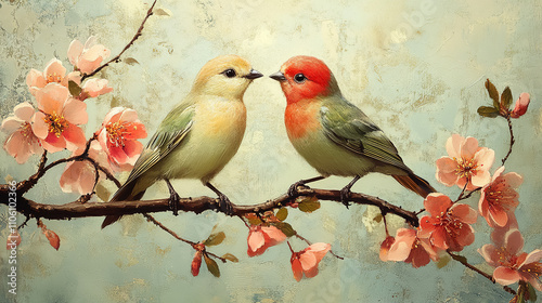 Two colorful birds perched on a branch surrounded by blooming flowers in a serene setting. Generative AI