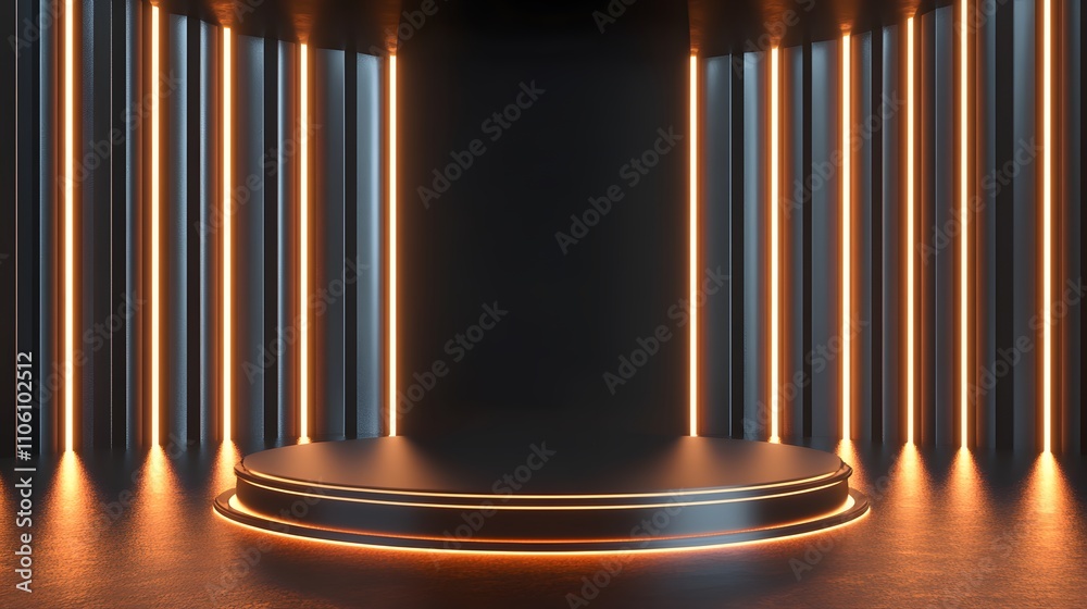 Dark Room Circular Platform Neon Orange Lights Dark Room Circular Platform Neon Orange Lights