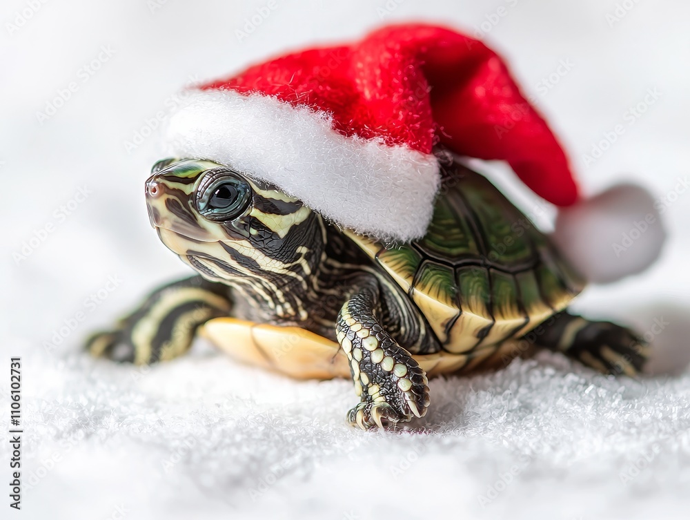 Obraz premium Tiny Turtle Wearing a Santa Claus Hat in a Snowy Icy Scene