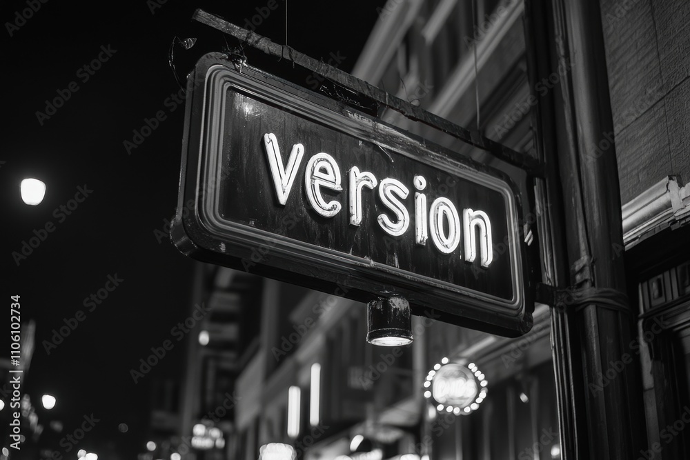 A black and white nighttime street scene featuring a glowing neon sign that says A black and white nighttime street scene featuring a glowing neon sign that says
